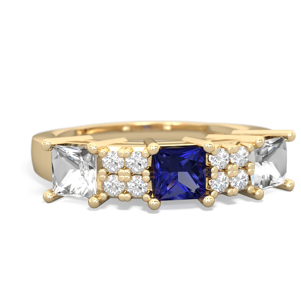 Lab Sapphire Three Stone Diamond Cluster 14K Yellow Gold ring R2592