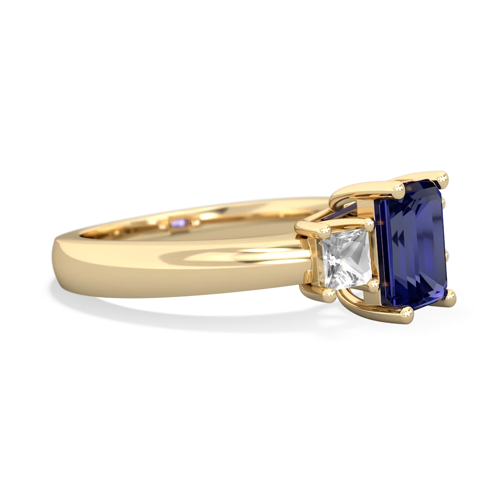 Lab Sapphire Three Stone Emerald-Cut Trellis 14K Yellow Gold ring R4021