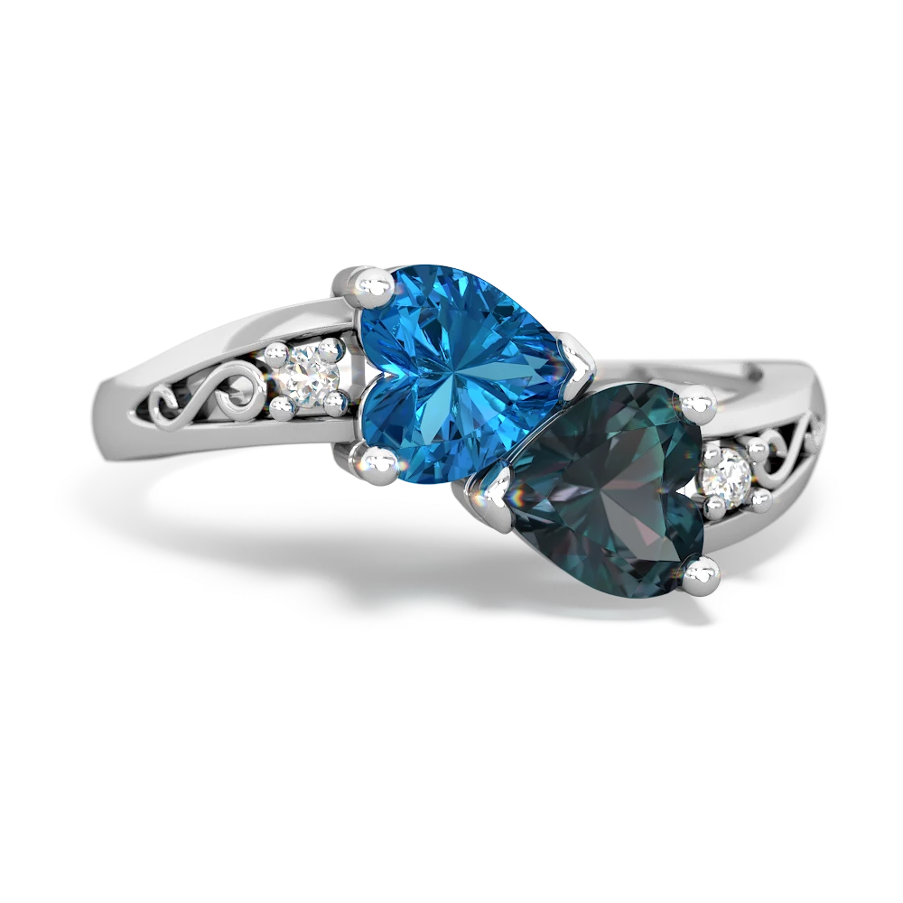 London Topaz Snuggling Hearts 14K White Gold ring R2178