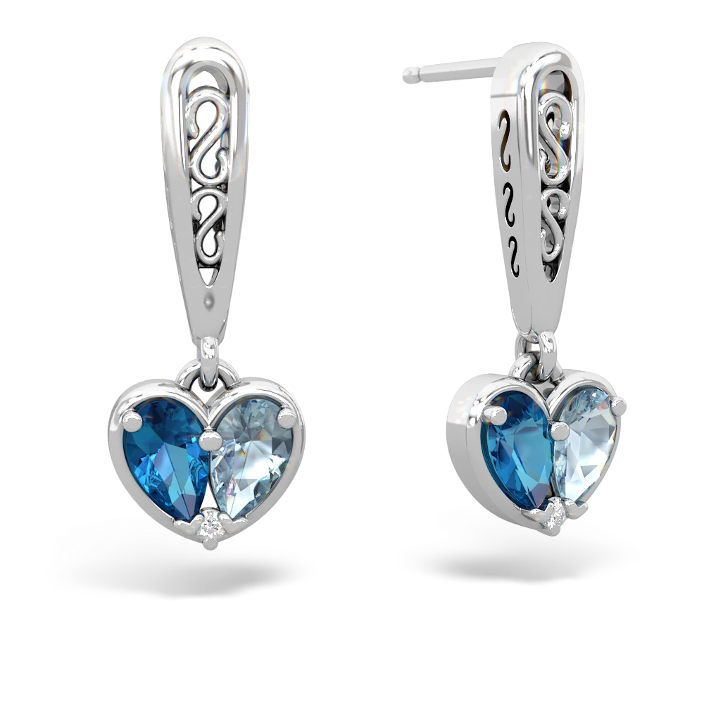 London Topaz Filligree Heart 14K White Gold earrings E5070