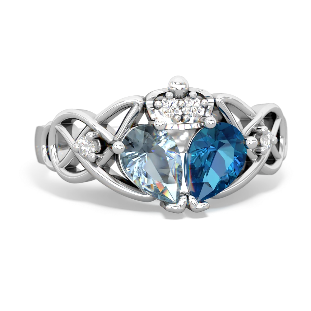 London Topaz 'One Heart' Celtic Knot Claddagh 14K White Gold ring R5322