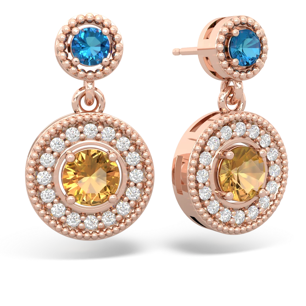 London Topaz Halo Dangle 14K Rose Gold earrings E5319