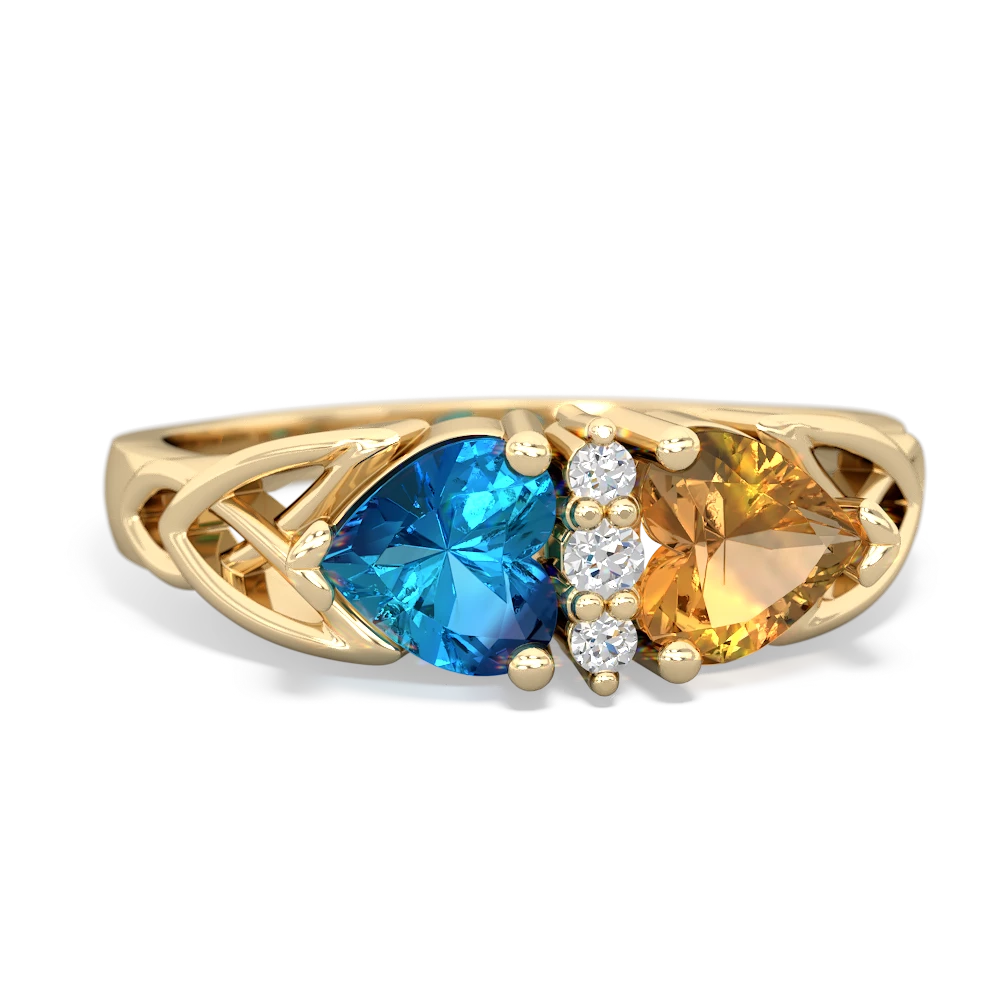 London Topaz Celtic Knot Double Heart 14K Yellow Gold ring R5040