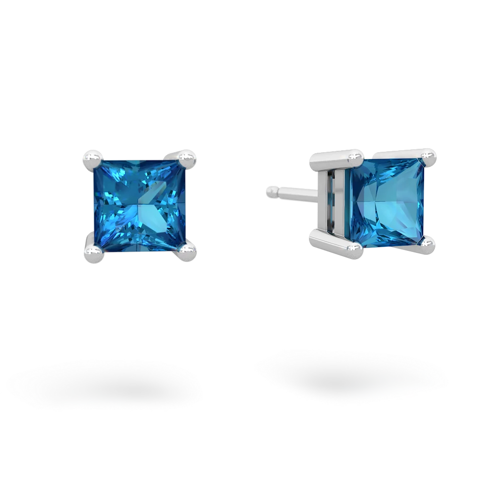 London Topaz 5Mm Princess Cut Stud 14K White Gold earrings E1789