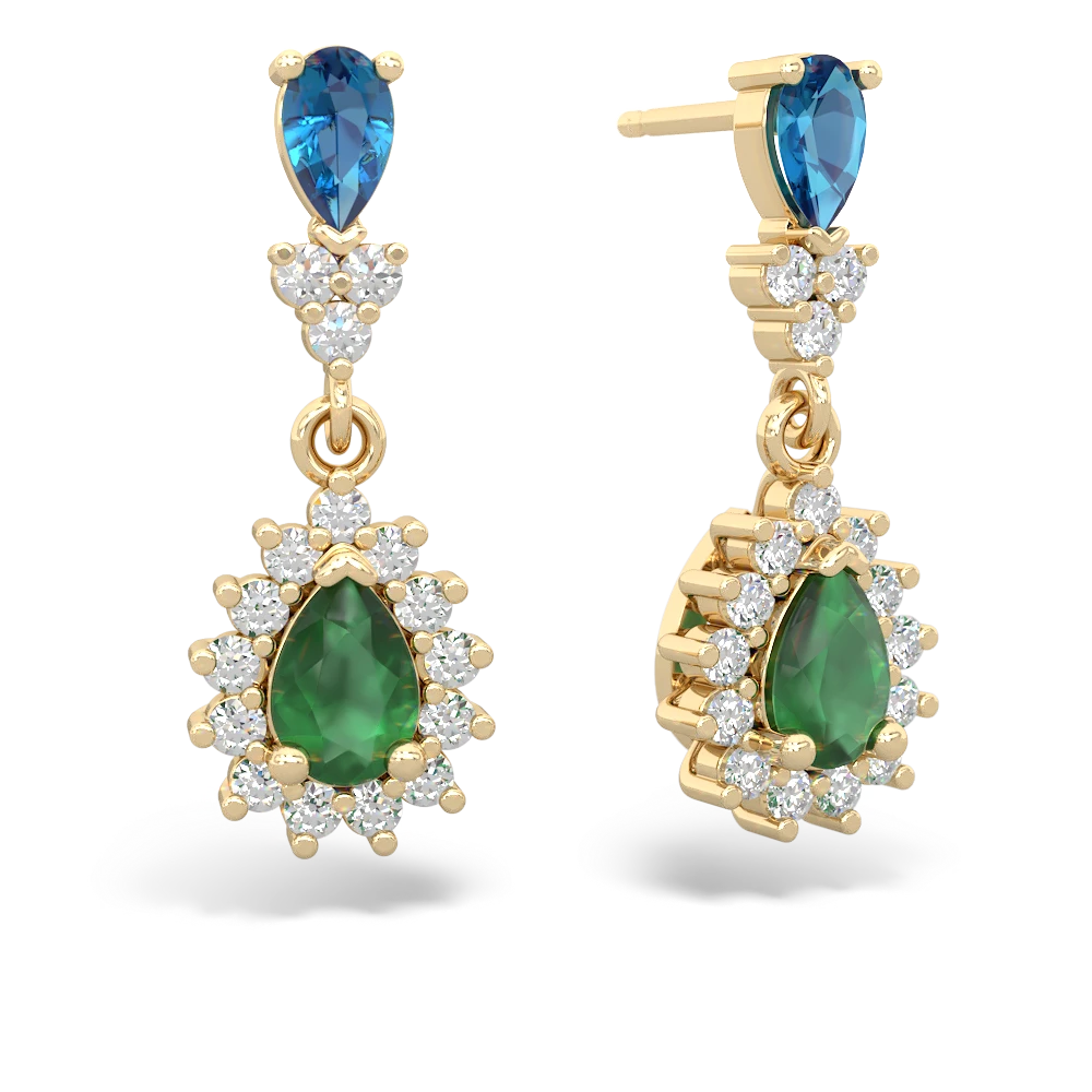 London Topaz Halo Pear Dangle 14K Yellow Gold earrings E1882