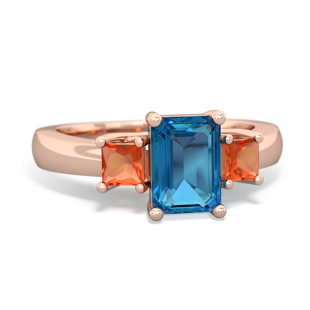 London Topaz Three Stone Emerald-Cut Trellis 14K Rose Gold ring R4021