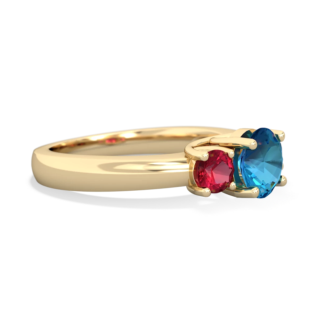 London Topaz Lab Ruby Three Stone Round Trellis ring 14K Yellow Gold JewelsForMe