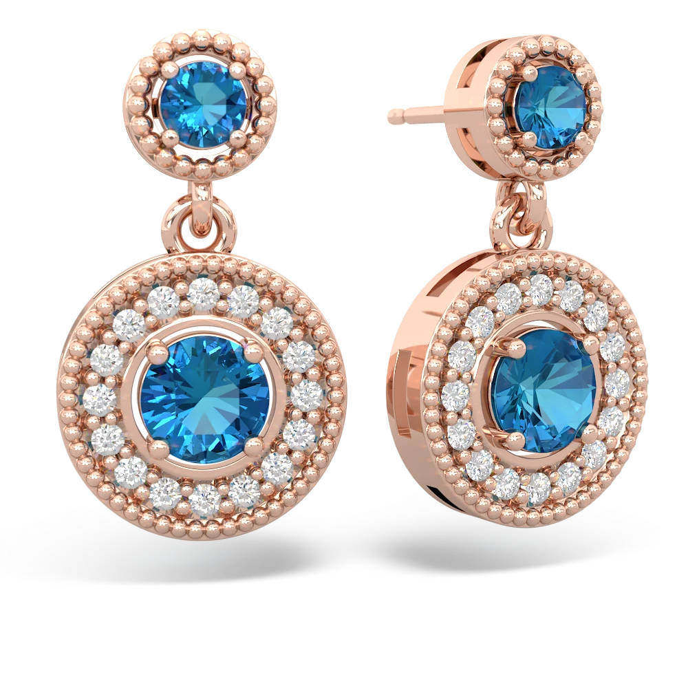 London Topaz Halo Dangle 14K Rose Gold earrings E5319