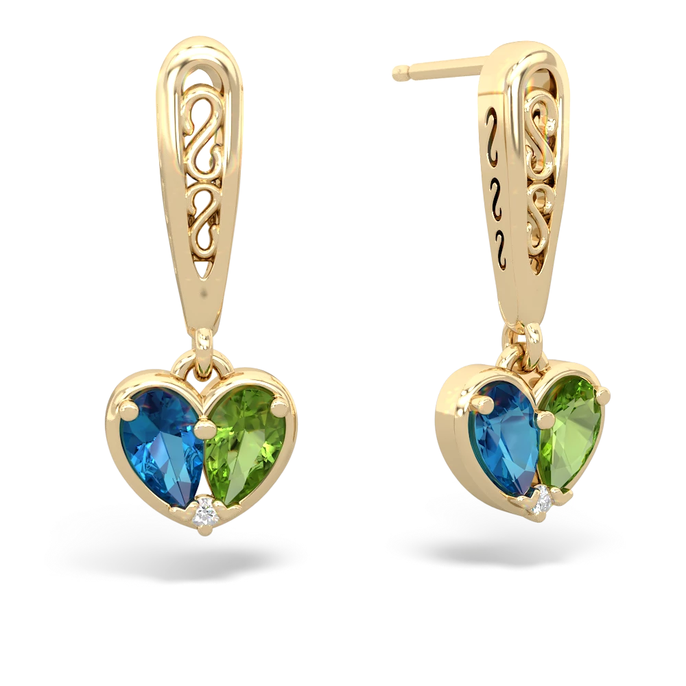 London Topaz Filligree Heart 14K Yellow Gold earrings E5070