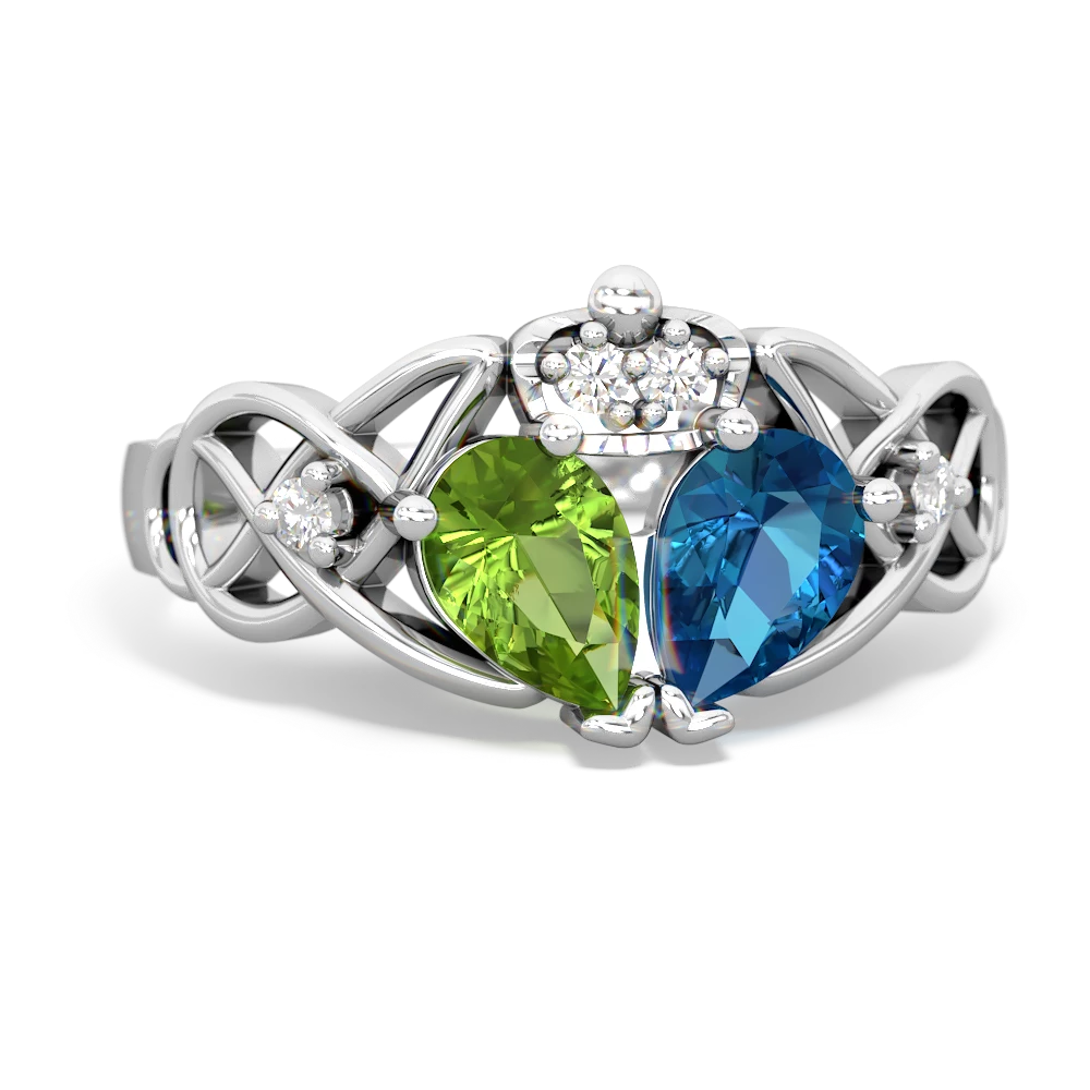 London Topaz 'One Heart' Celtic Knot Claddagh 14K White Gold ring R5322