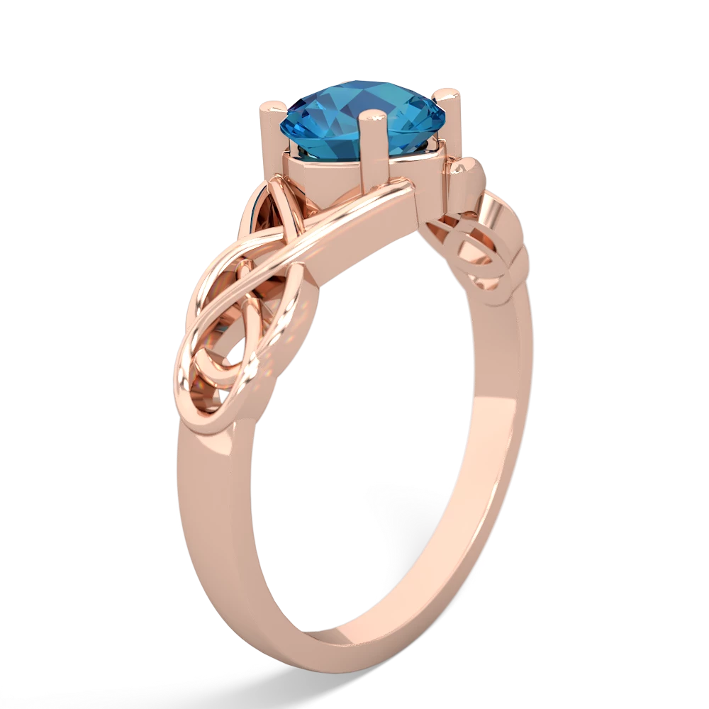 London Topaz Checkerboard Cushion Celtic Knot 14K Rose Gold ring R5000