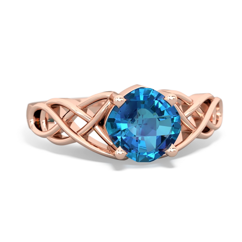 London Topaz Checkerboard Cushion Celtic Knot 14K Rose Gold ring R5000