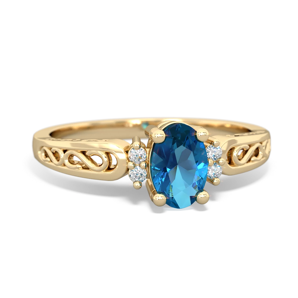 London Topaz Filligree Scroll Oval 14K Yellow Gold ring R0812