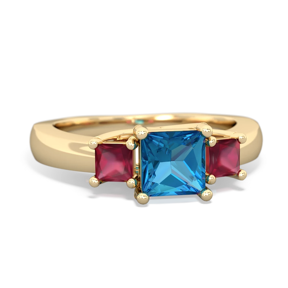 London Topaz Ruby Fire Opal Three Stone Trellis ring 14K Yellow Gold JewelsForMe