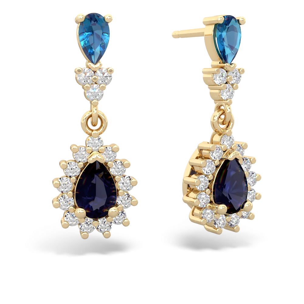 London Topaz Halo Pear Dangle 14K Yellow Gold earrings E1882