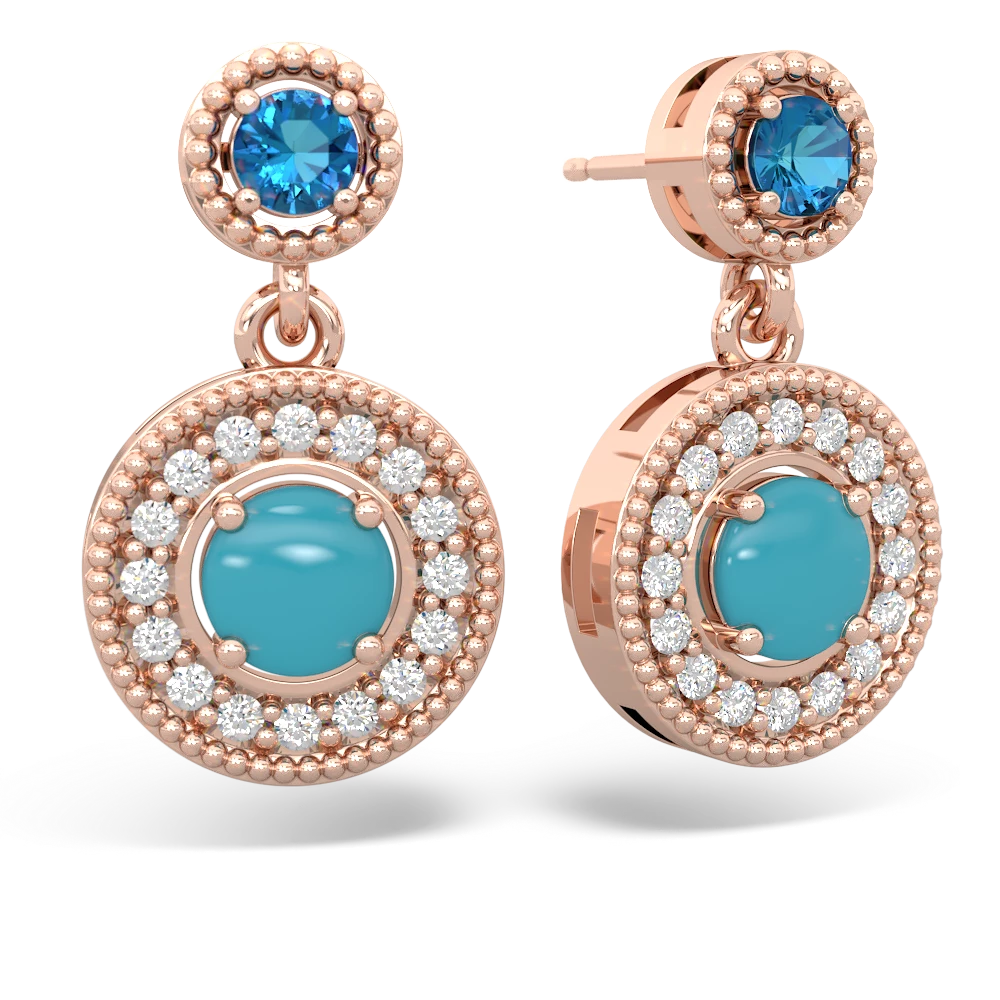 London Topaz Halo Dangle 14K Rose Gold earrings E5319