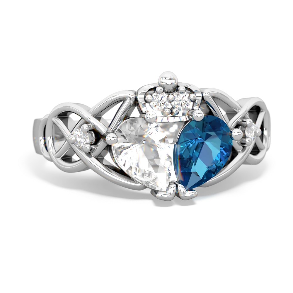 London Topaz 'One Heart' Celtic Knot Claddagh 14K White Gold ring R5322