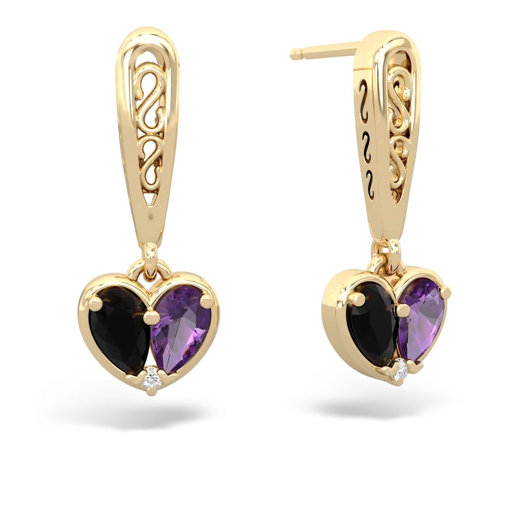 Onyx Filligree Heart 14K Yellow Gold earrings E5070