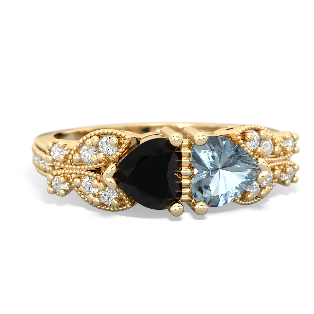 Onyx Diamond Butterflies 14K Yellow Gold ring R5601