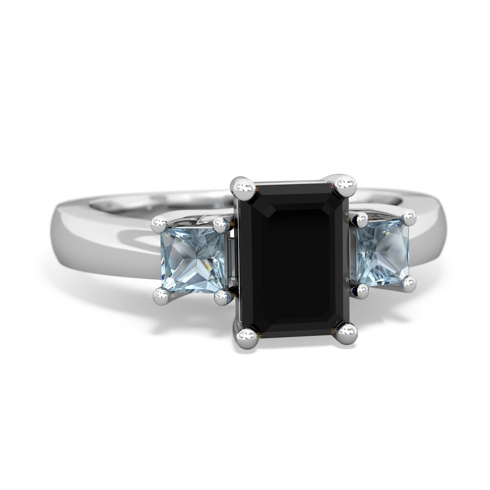 Onyx Three Stone Emerald-Cut Trellis 14K White Gold ring R4021