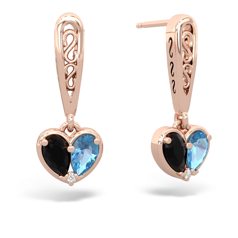 Onyx Filligree Heart 14K Rose Gold earrings E5070