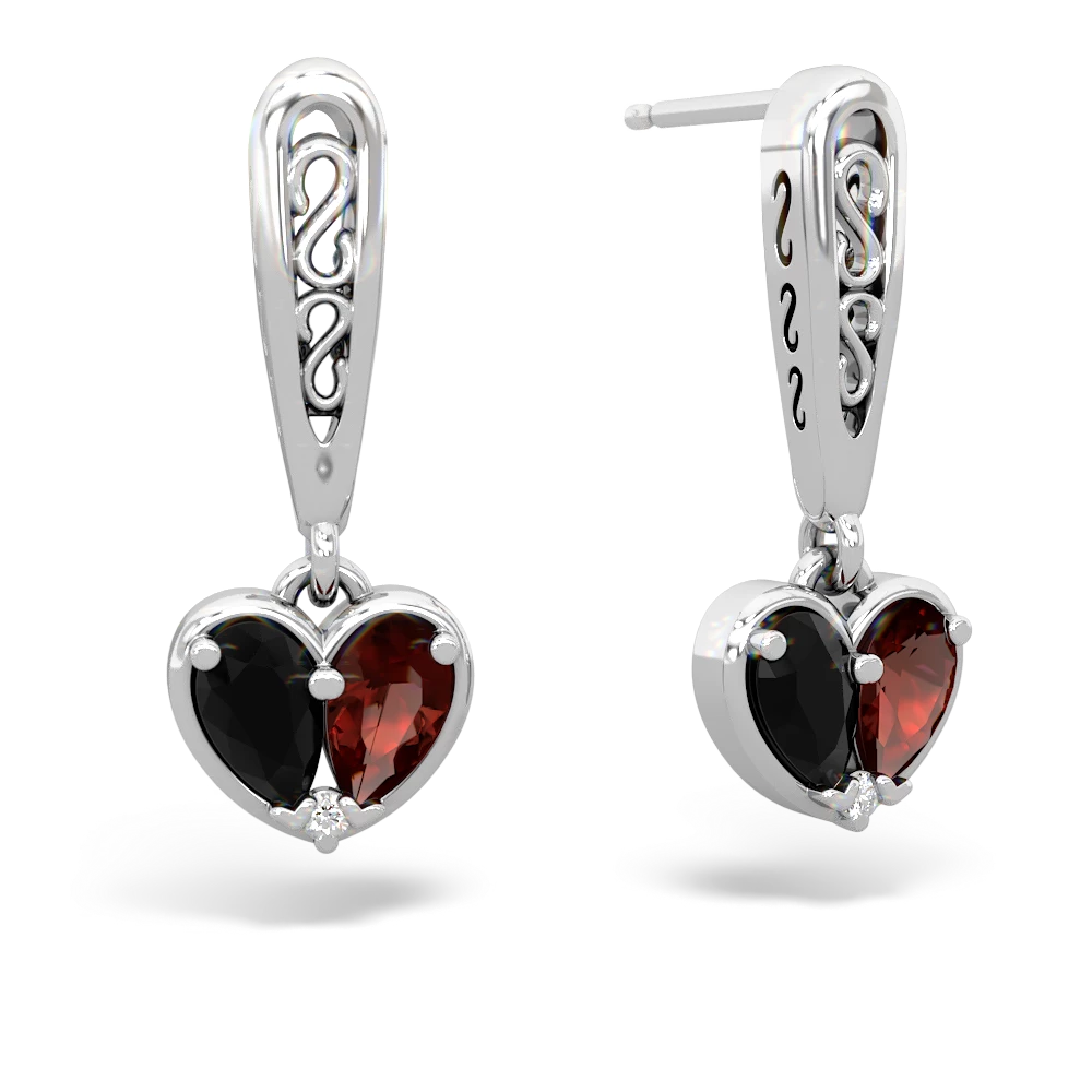 Onyx Filligree Heart 14K White Gold earrings E5070