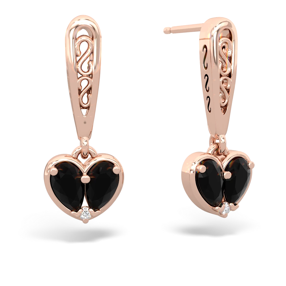 Onyx Filligree Heart 14K Rose Gold earrings E5070