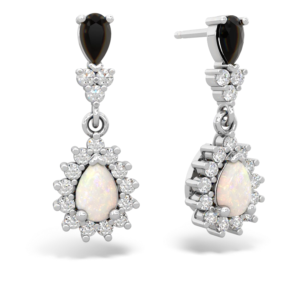 Onyx Halo Pear Dangle 14K White Gold earrings E1882