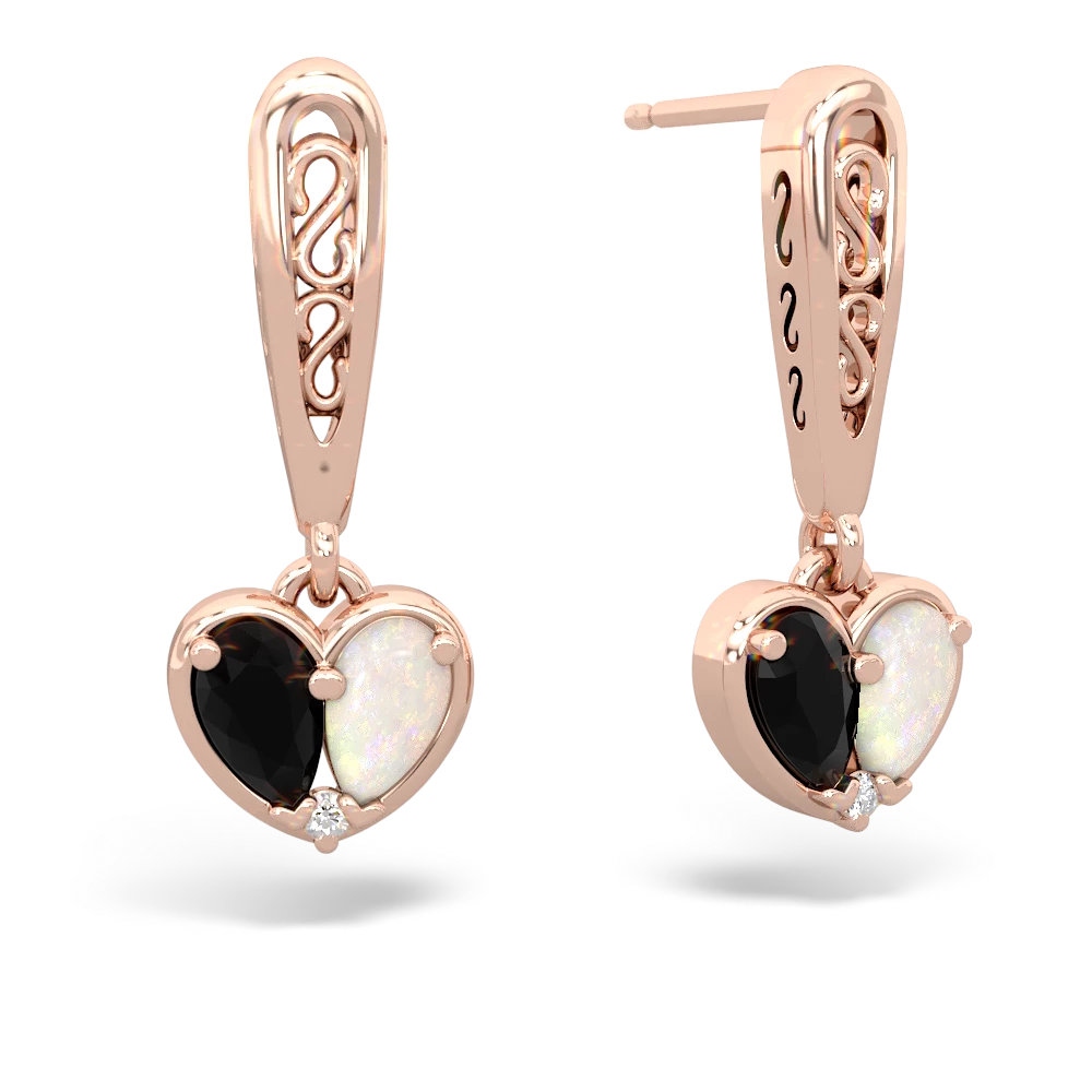 Onyx Filligree Heart 14K Rose Gold earrings E5070