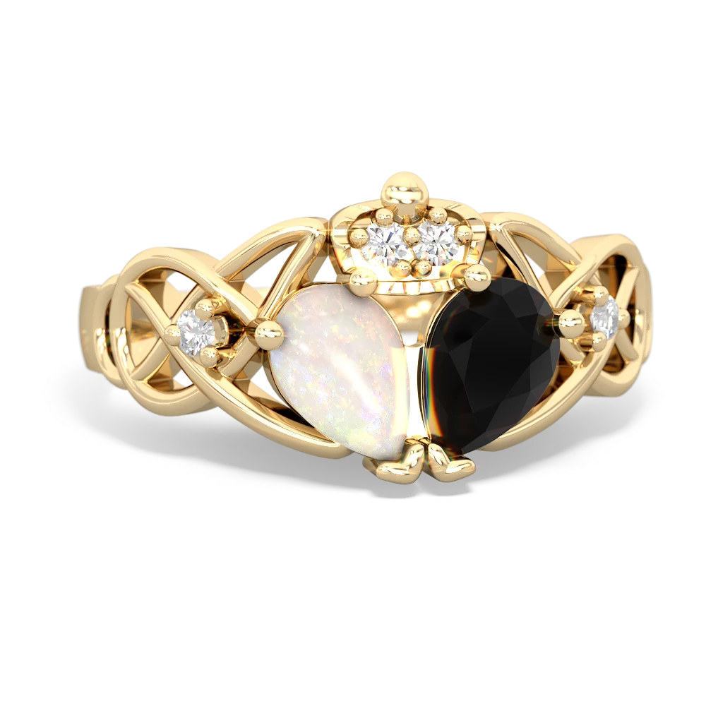 Onyx 'One Heart' Celtic Knot Claddagh 14K Yellow Gold ring R5322