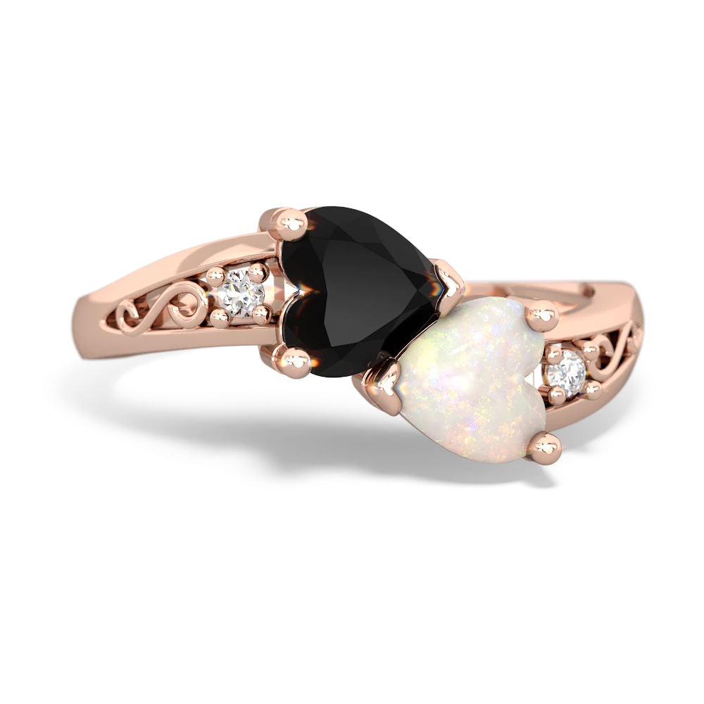 Onyx Snuggling Hearts 14K Rose Gold ring R2178