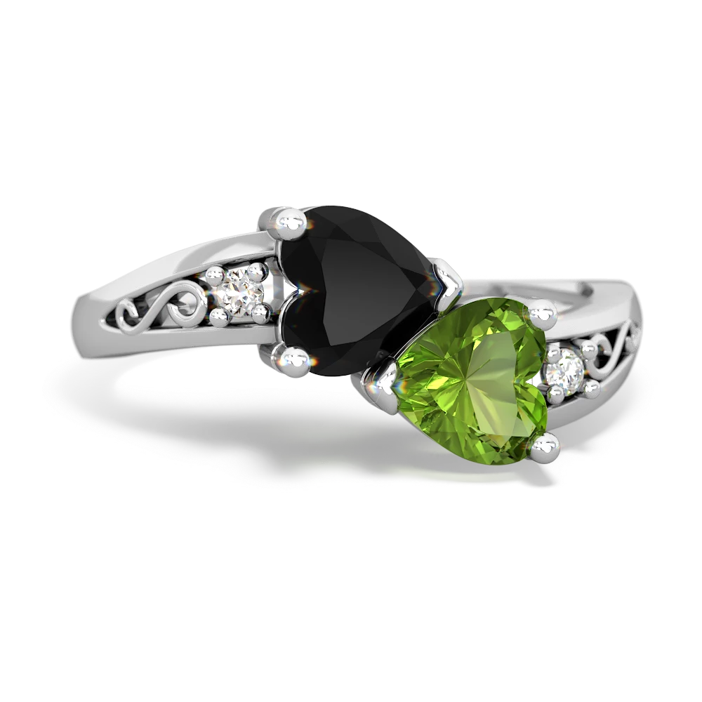 Onyx Snuggling Hearts 14K White Gold ring R2178