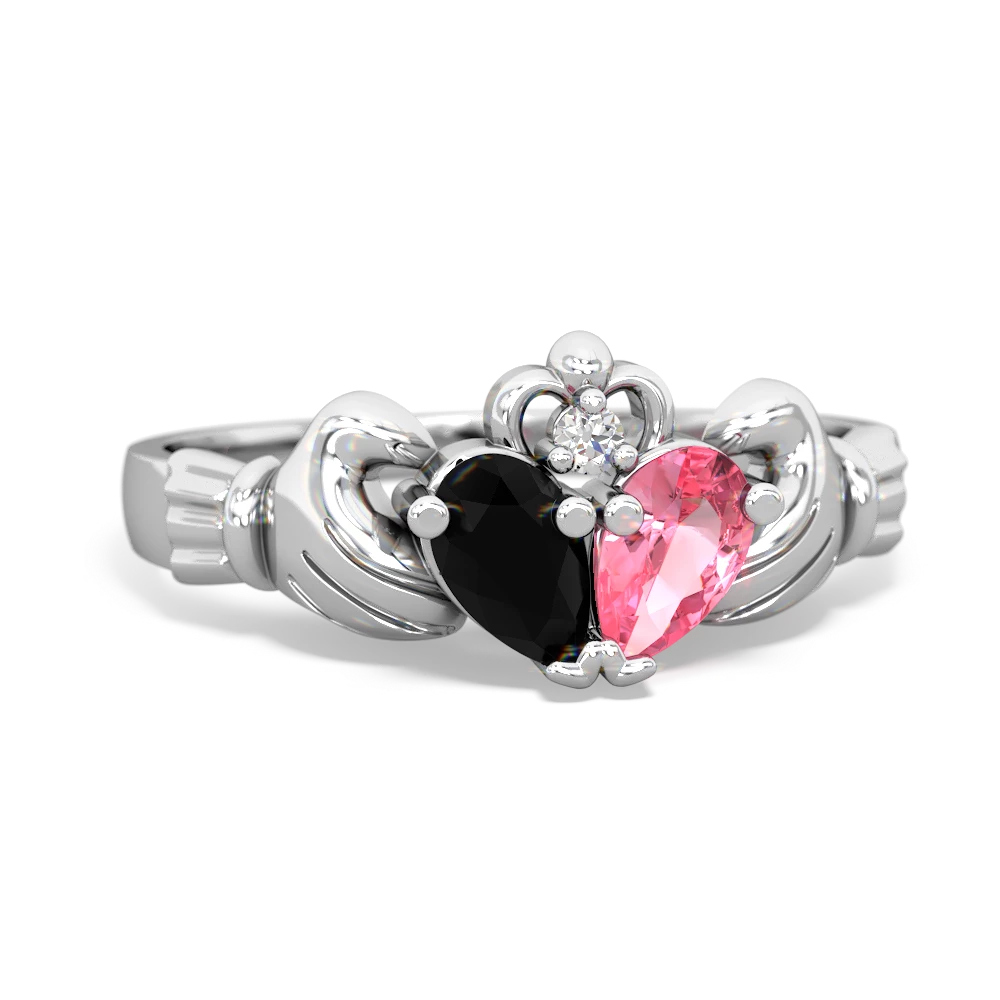 Onyx Lab Pink Sapphire 'One Heart' Claddagh ring - 14K White Gold