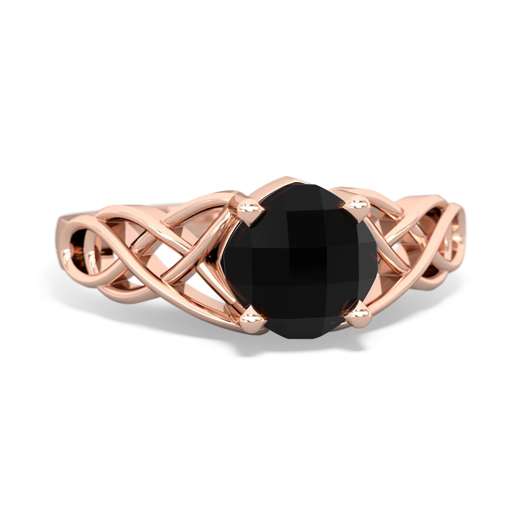 Onyx Checkerboard Cushion Celtic Knot 14K Rose Gold ring R5000