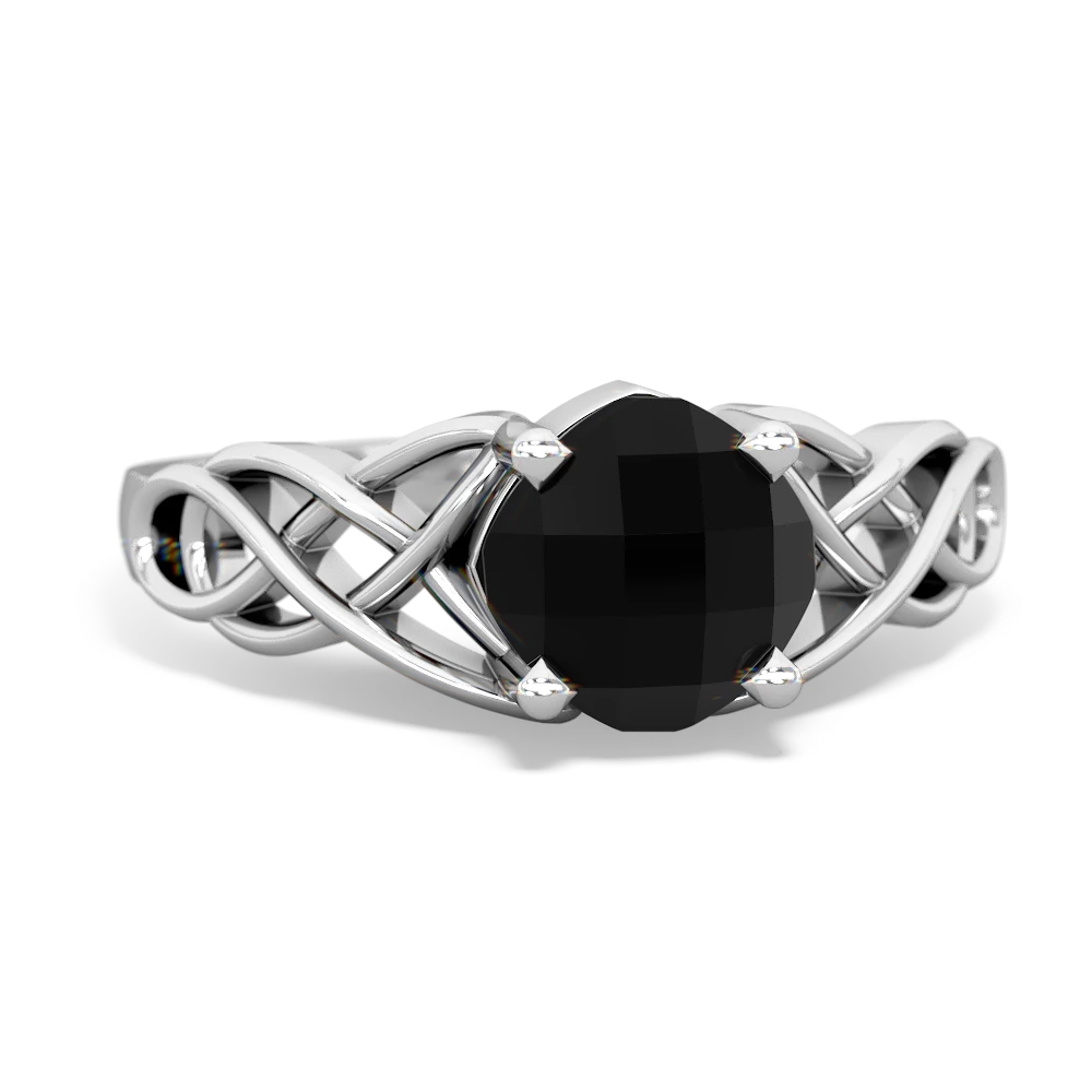 Onyx Checkerboard Cushion Celtic Knot 14K White Gold ring R5000