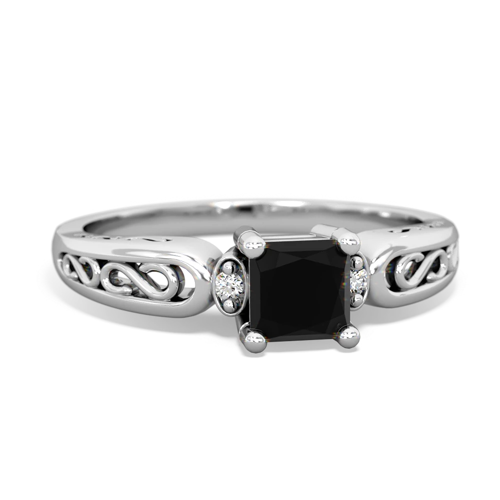 Onyx Filligree Scroll Square 14K White Gold ring R2430