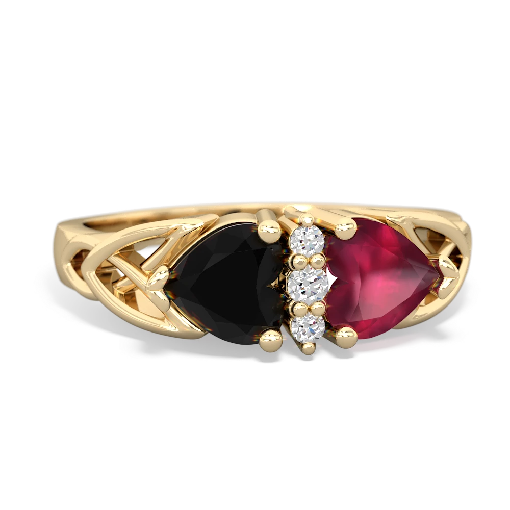 Onyx Celtic Knot Double Heart 14K Yellow Gold ring R5040