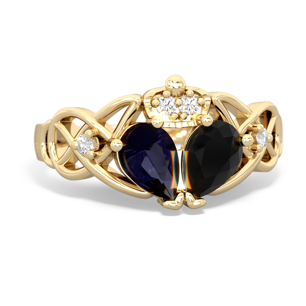 Onyx 'One Heart' Celtic Knot Claddagh 14K Yellow Gold ring R5322