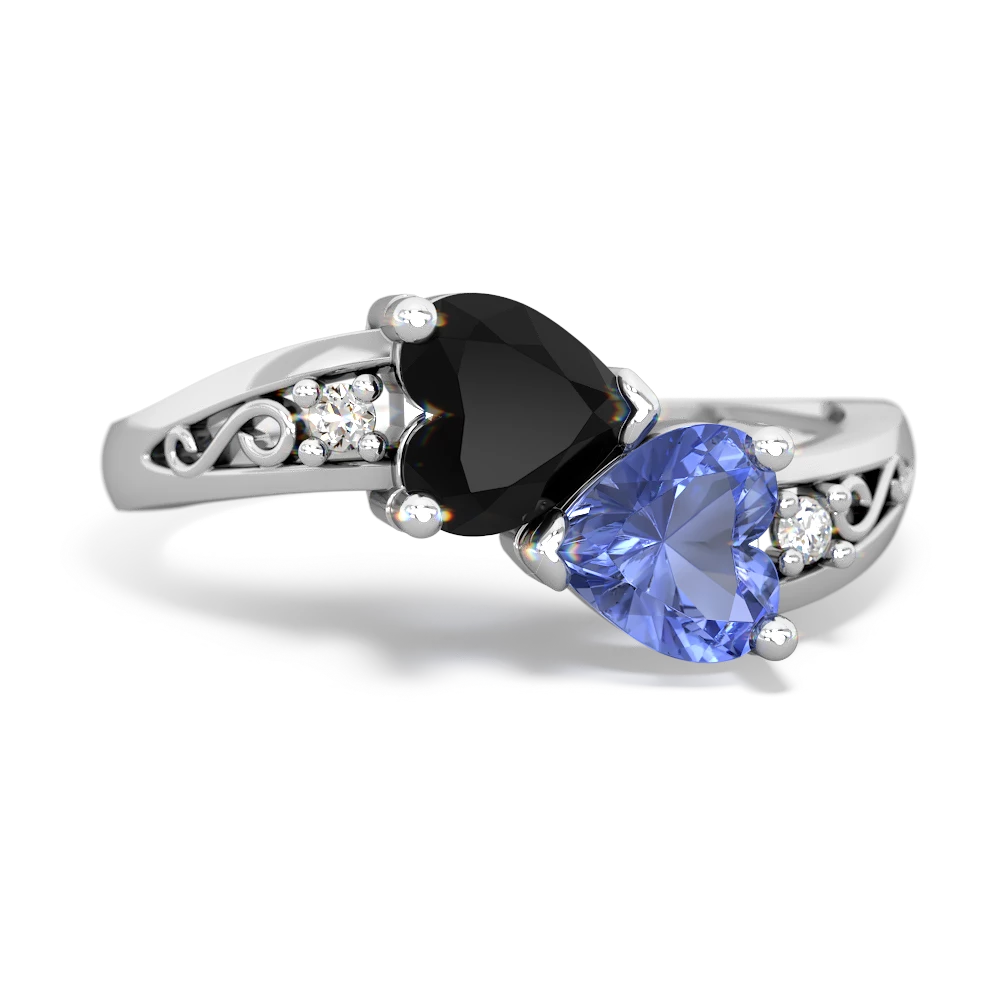 Onyx Snuggling Hearts 14K White Gold ring R2178