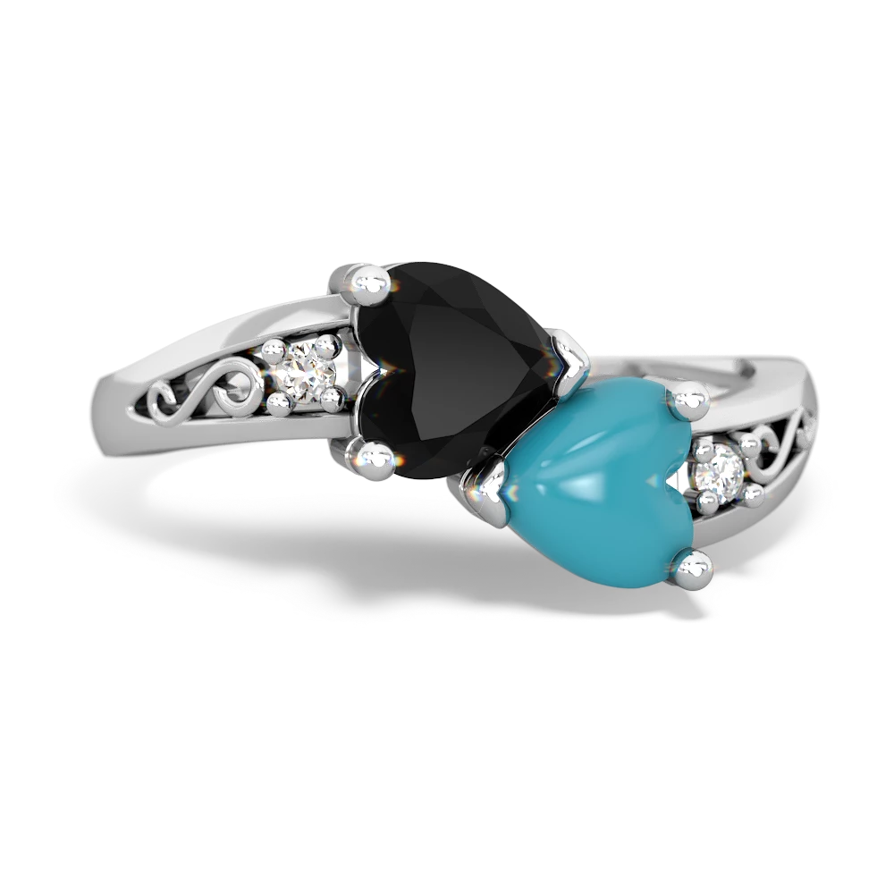 Onyx Snuggling Hearts 14K White Gold ring R2178