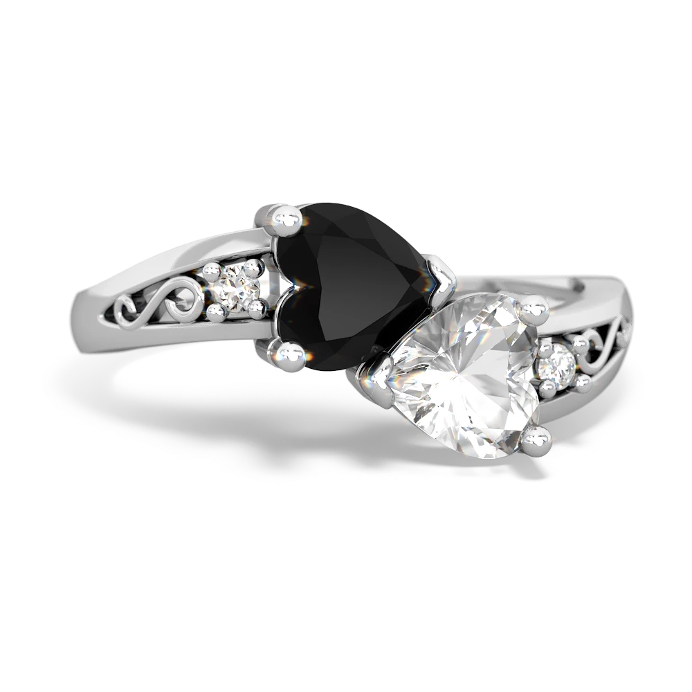 Onyx Snuggling Hearts 14K White Gold ring R2178