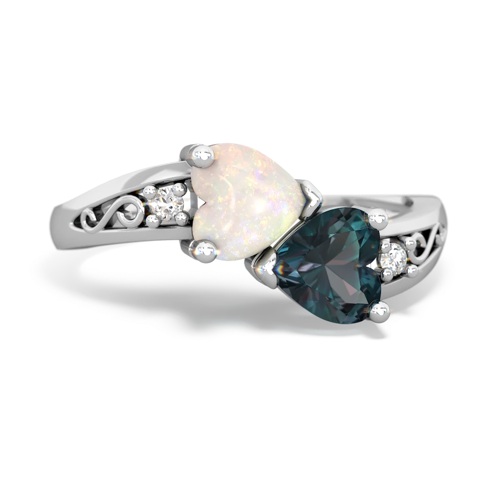 Opal Snuggling Hearts 14K White Gold ring R2178