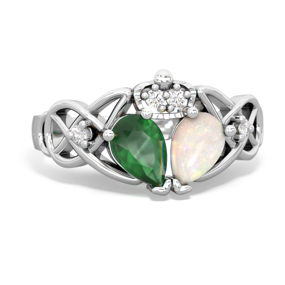 Opal 'One Heart' Celtic Knot Claddagh 14K White Gold ring R5322