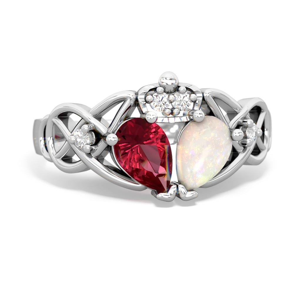 Opal 'One Heart' Celtic Knot Claddagh 14K White Gold ring R5322