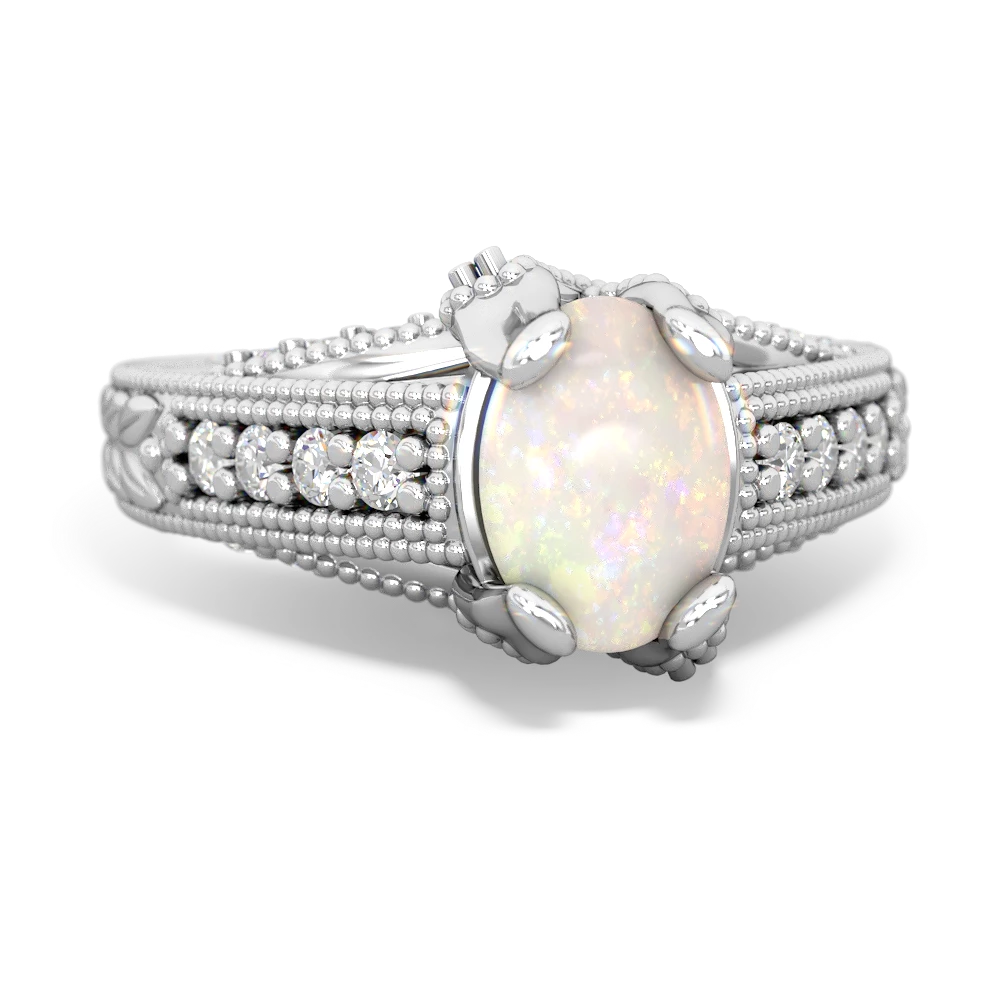 Opal Antique Style Milgrain Diamond 14K White Gold ring R2028