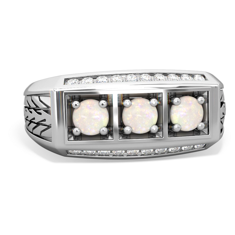 Opal Three Stone Tire Tread Men's 14K White Gold ring R0520