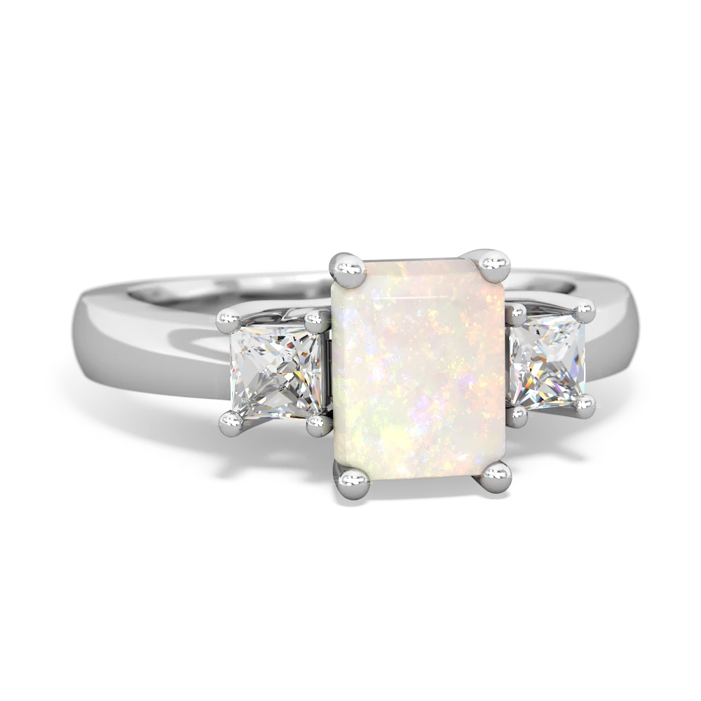 Opal Diamond Three Stone Emerald-Cut Trellis 14K White Gold ring R4021