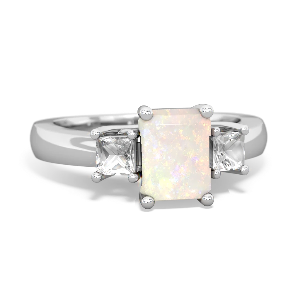 Opal Three Stone Emerald-Cut Trellis 14K White Gold ring R4021