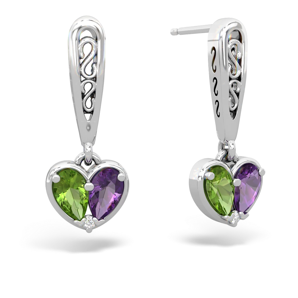 Peridot Filligree Heart 14K White Gold earrings E5070