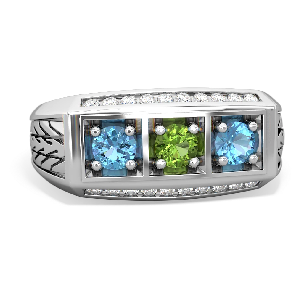 Peridot Three Stone Tire Tread Men's 14K White Gold ring R0520